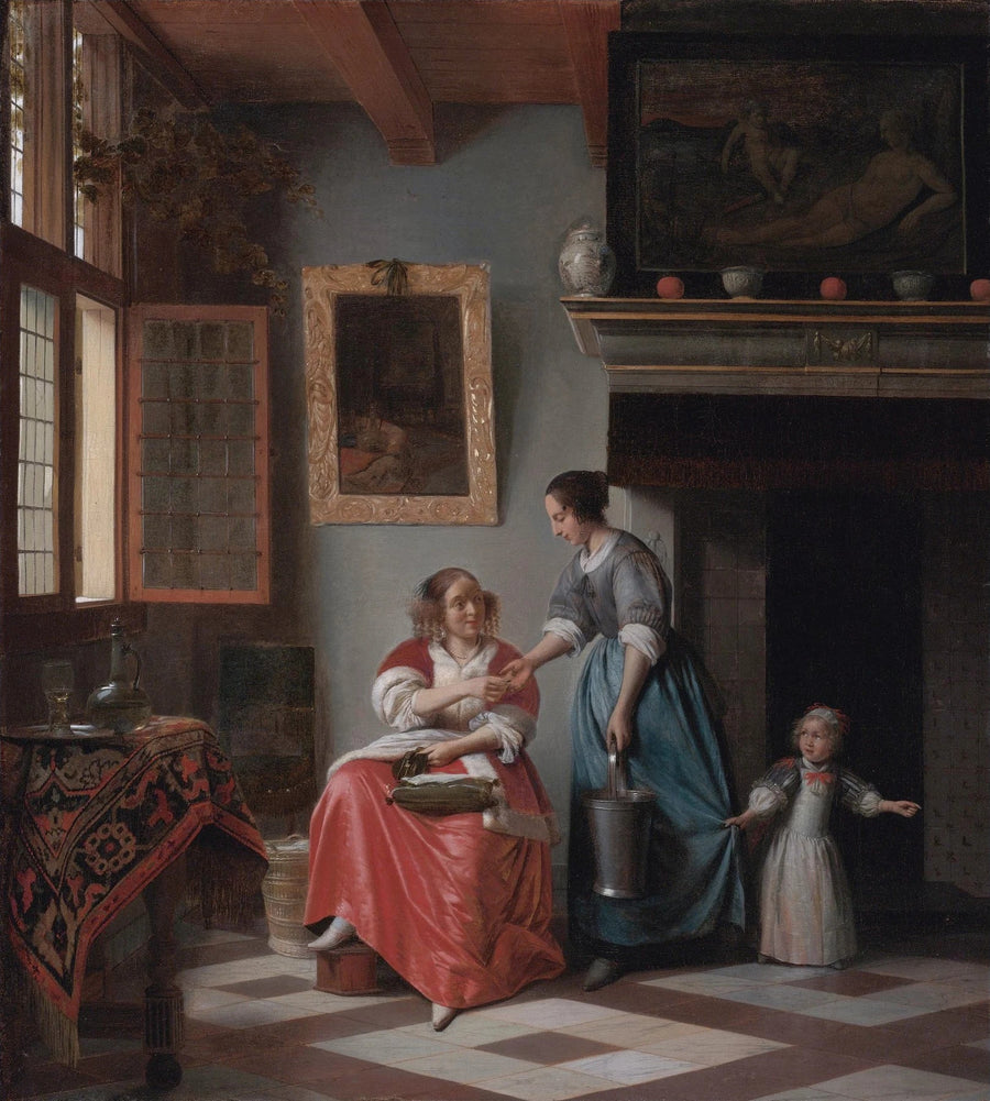 Intérieur avec une jeune femme tendant un pièce de monnaie pour une servante - Pieter de Hooch