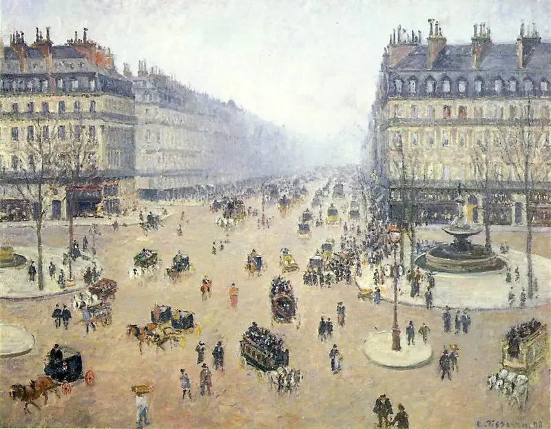 Piazza del Teatro Francese e l'Avenue de l'Opéra, tempo nebbioso - Camille Pissarro