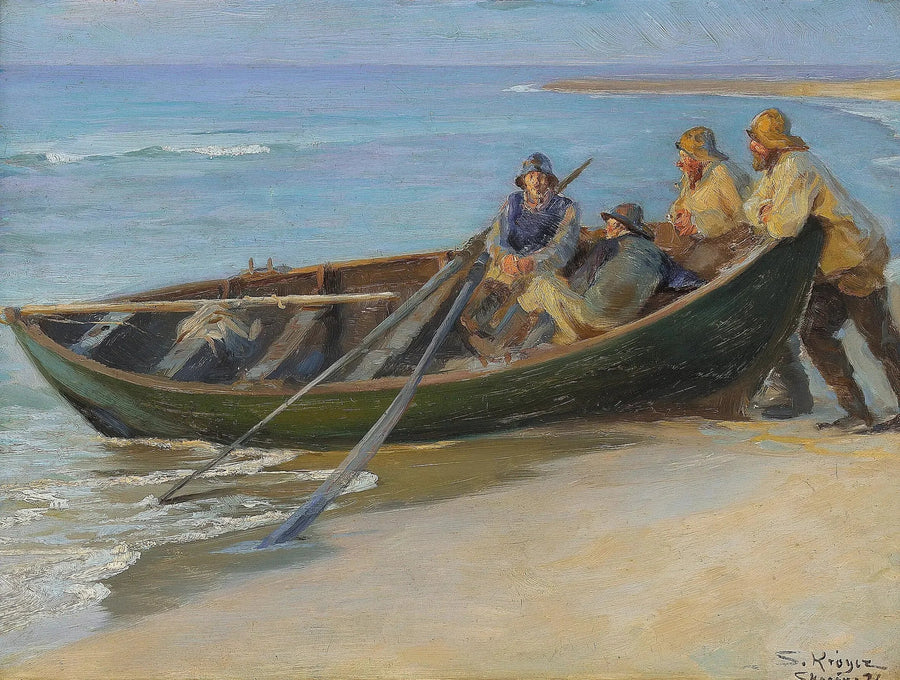 Spiaggia nord di Skagen. Un'barca verde sul bordo dell'acqua. Due pescatori seduti sulla barca, appoggiati alle paratie. All'interno, un'asta e due remi. - Peder Severin Krøyer