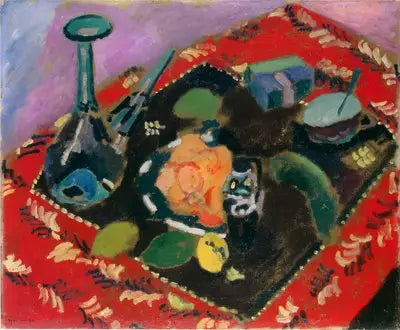 Piatti e frutti su un tappeto rosso e nero (Il Tappeto Rosso) - Henri Matisse