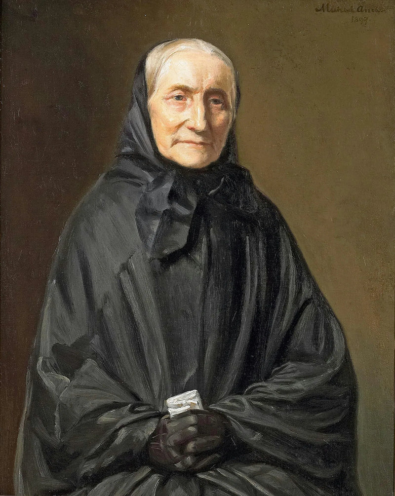 Ritratto di Ane Hedvig Brändum in abito nero, seduta con le mani giunte. -Michael Peter Ancher