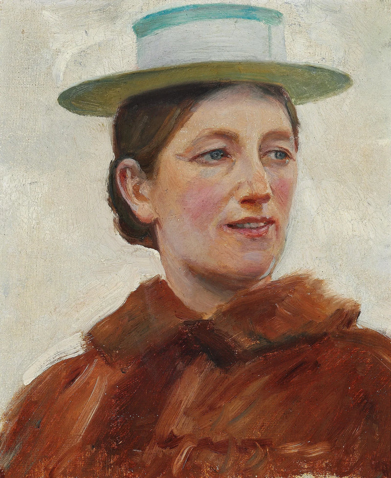 Ritratto di Anna Ancher con un cappello di paglia a strisce verdi. -Michael Peter Ancher