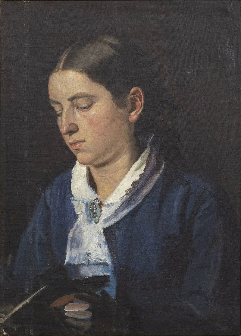 Ritratto di Anna Brändum in abito blu, mentre legge. -Michael Peter Ancher
