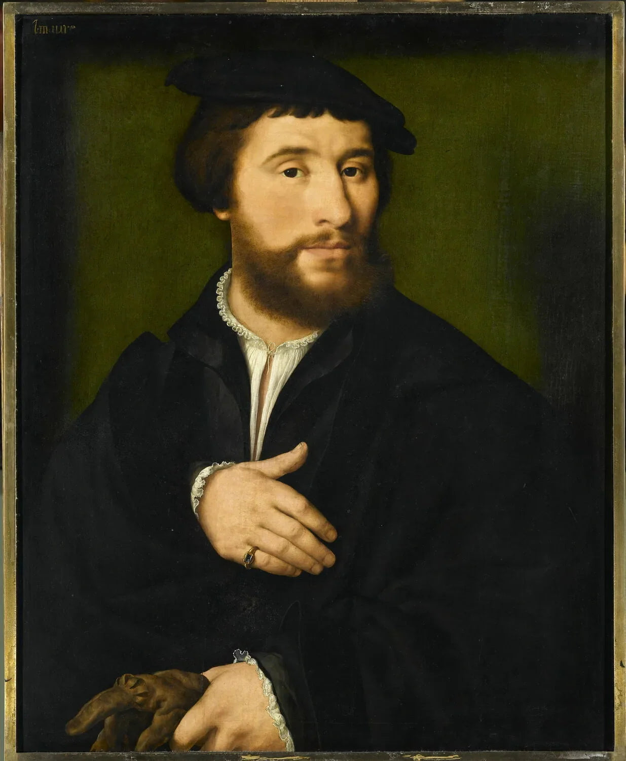 Portrait d'homme habillé de noir et tenant d'une main ses gants - Joos van Cleve image 1 tableau peint à l’huile sur toile