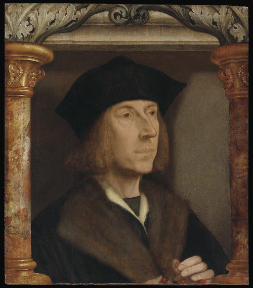 Ritratto di un uomo, in busto, vestito con un cappotto foderato di pelliccia, che recita un rosario, in un contesto architettonico - Quentin Metsys