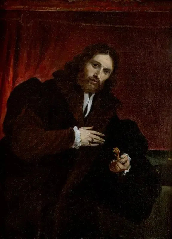 Ritratto di un uomo con cappotto di pelliccia che tiene una zampa di leone (dopo Lorenzo Lotto) - David Teniers il Giovane