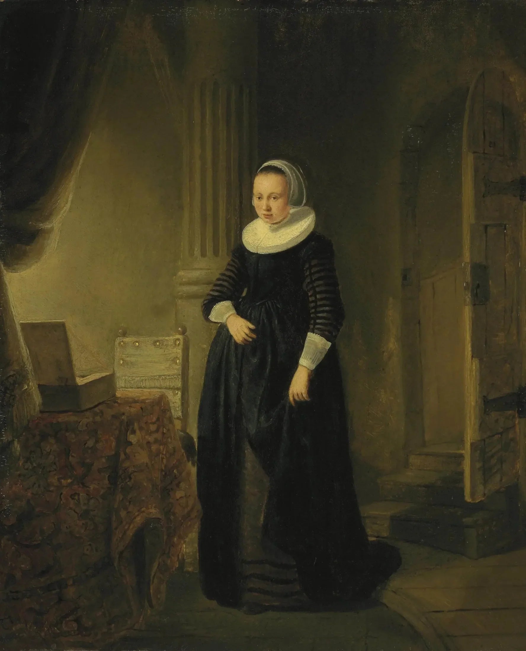 Portrait d'une femme, debout en pied dans un intérieur - Rembrandt image 1 copie de tableau peinte à la main