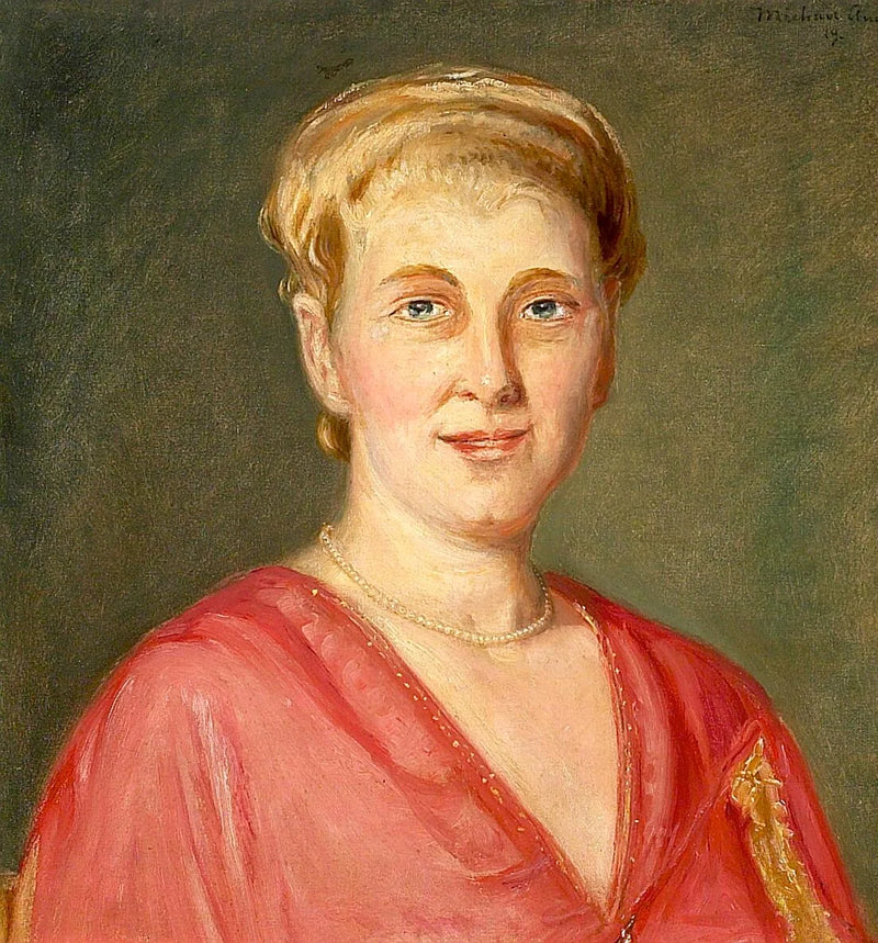 Ritratto di una donna in abito rosso, con collana di perle. - Michael Peter Ancher