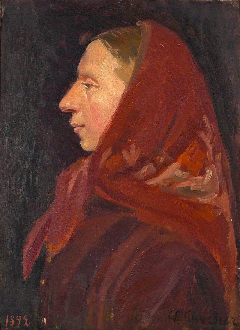Ritratto di una donna che indossa un velo rosso. - Anna Ancher