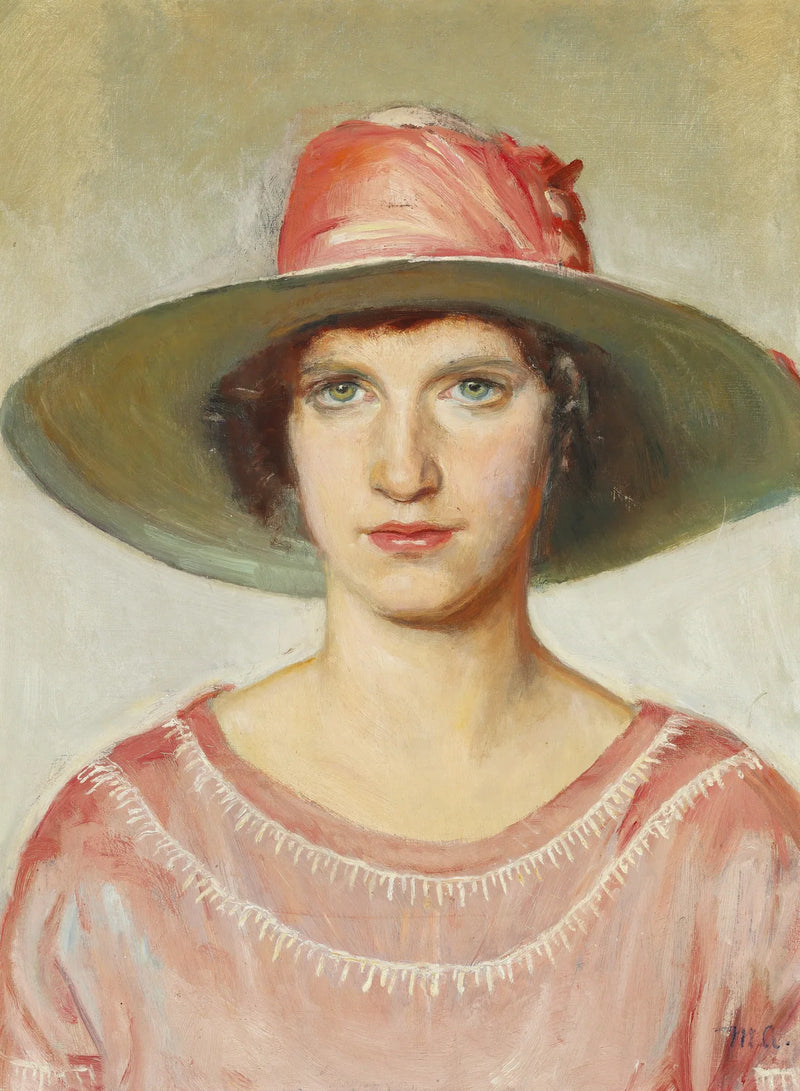 Ritratto di una ragazza con un vestito rosa e un cappello di paglia adornato con un nastro rosa - Michael Peter Ancher