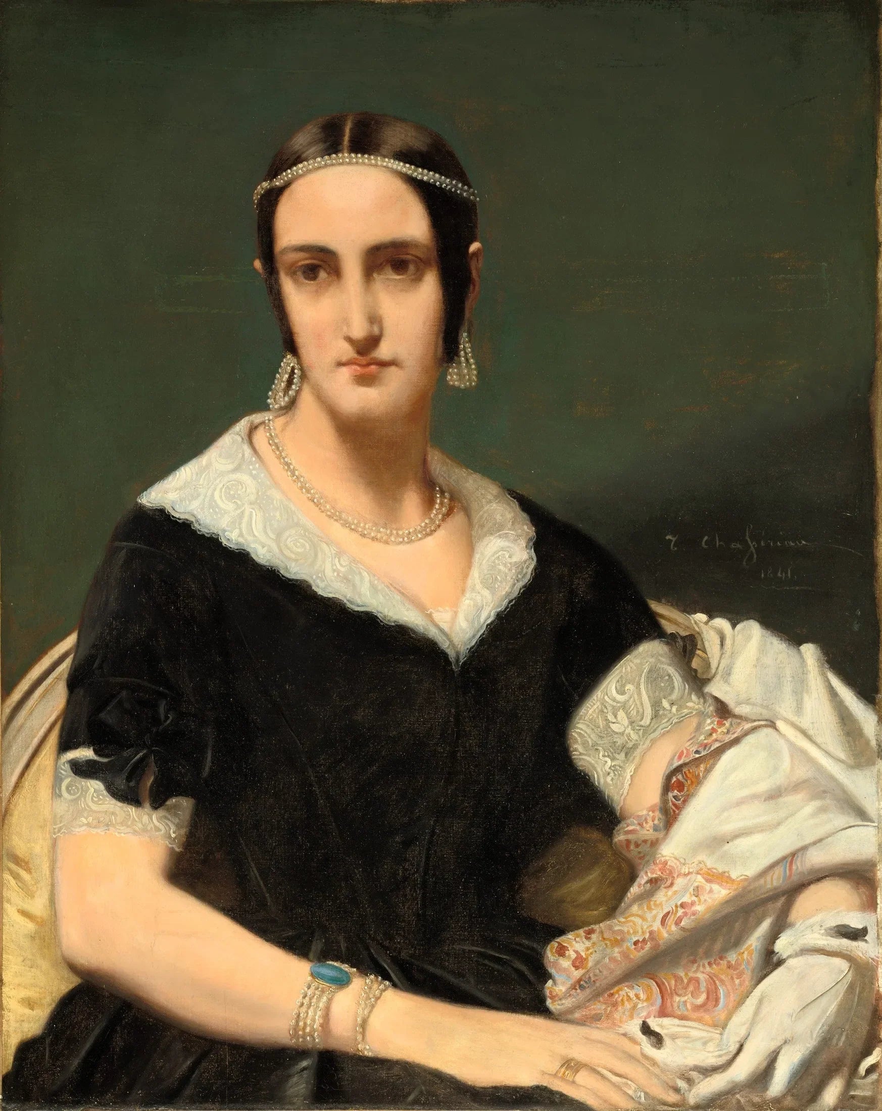 Portrait d'une jeune femme aux colliers de perles - Théodore Chassériau image 1 tableau peint à l’huile sur toile