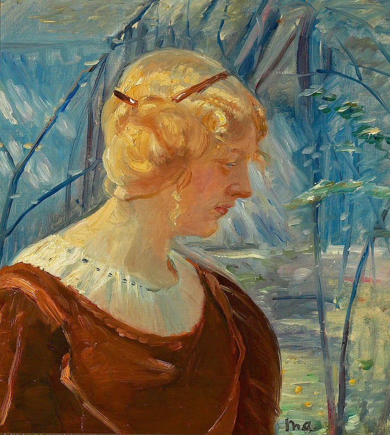 Ritratto di una giovane donna bionda in un giardino. - Michael Peter Ancher