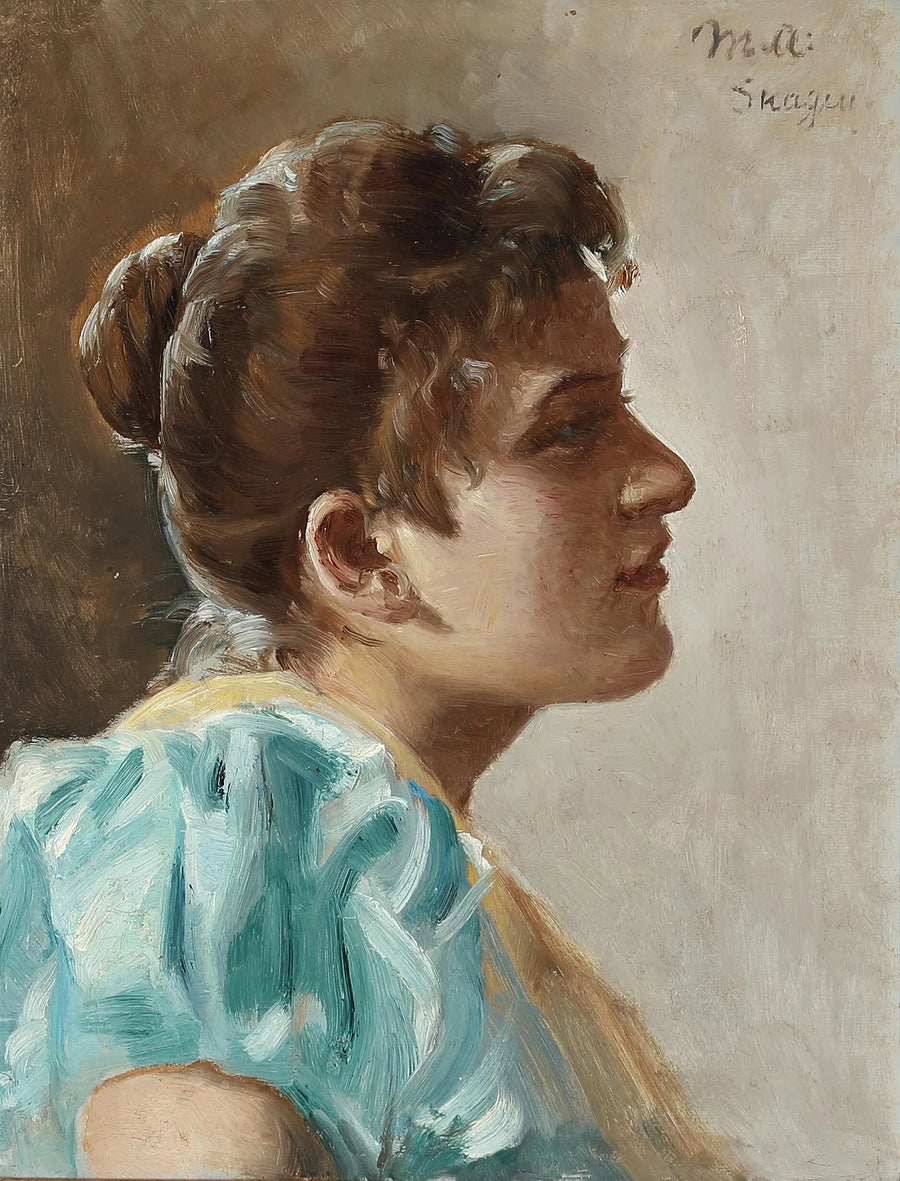 Ritratto di una giovane donna con un abito giallo e turchese. - Michael Peter Ancher