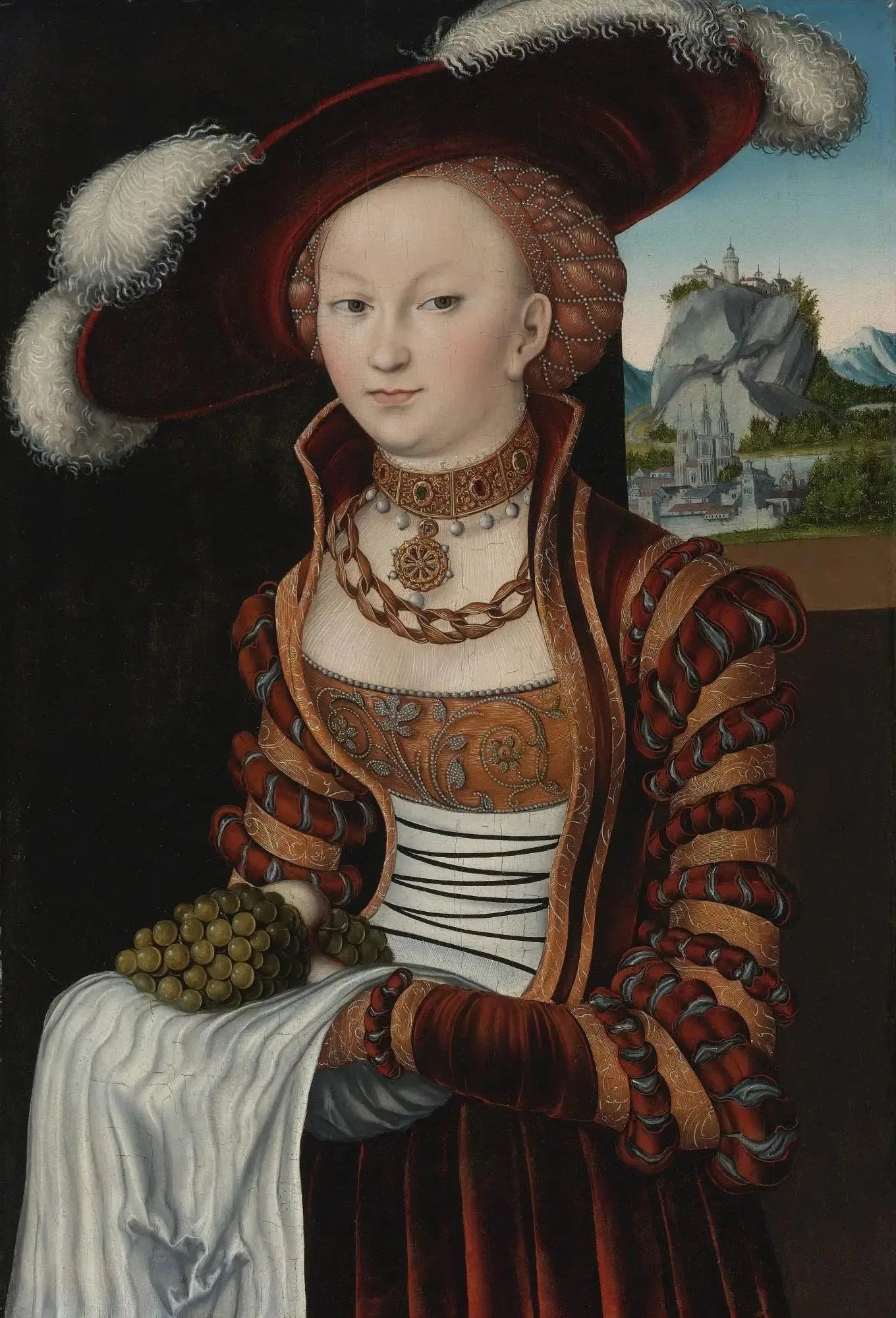 Portrait d'une jeune femme tenant une grappe de raisin - Lucas Cranach the Elder image 1 reproduction artisanale de tableau