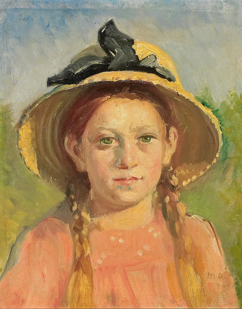 Ritratto di una giovane ragazza con i capelli intrecciati e un cappello di paglia decorato con un nastro blu. - Michael Peter Ancher