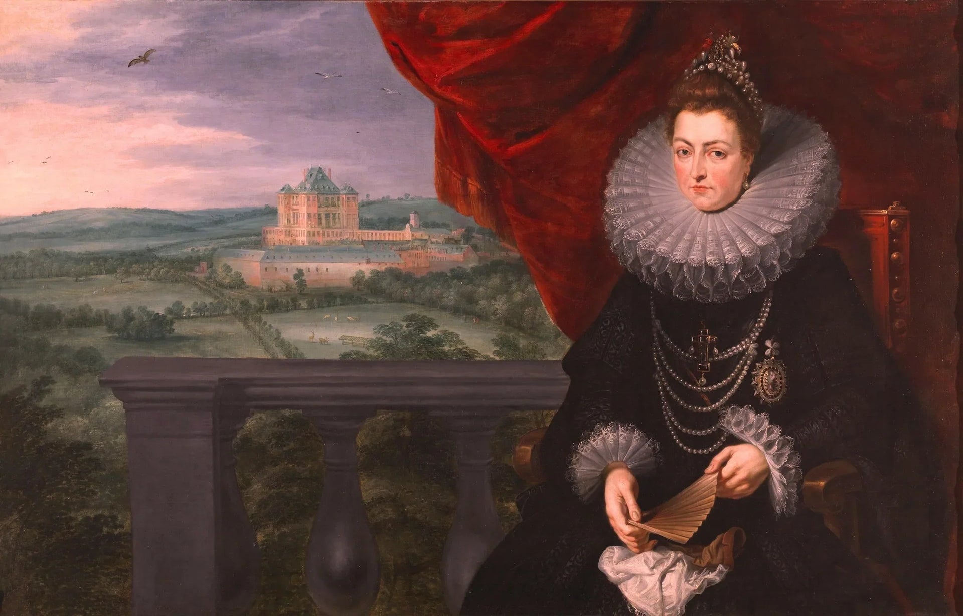 Portrait de l'infante Isabelle avec le château de Mariement en arrière-plan - Jan Brueghel l'Ancien image 1 reproduction artisanale de tableau