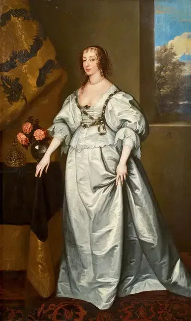 Ritratto della regina Henriette Marie in piedi in un abito di raso bianco - Antoine van Dyck