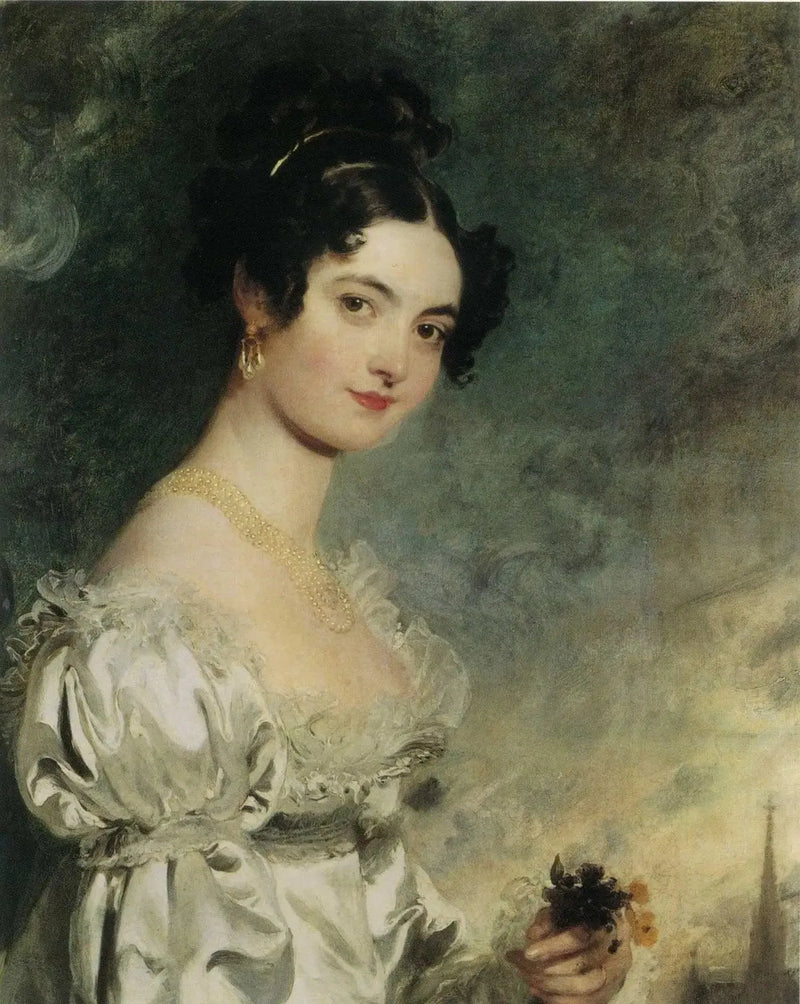 Ritratto di Lady Selina Meade (1797–1872), a mezzo busto, in un abito di raso avorio, con la freccia della cattedrale di Saint-Étienne di Vienna, oltre - Thomas Lawrence