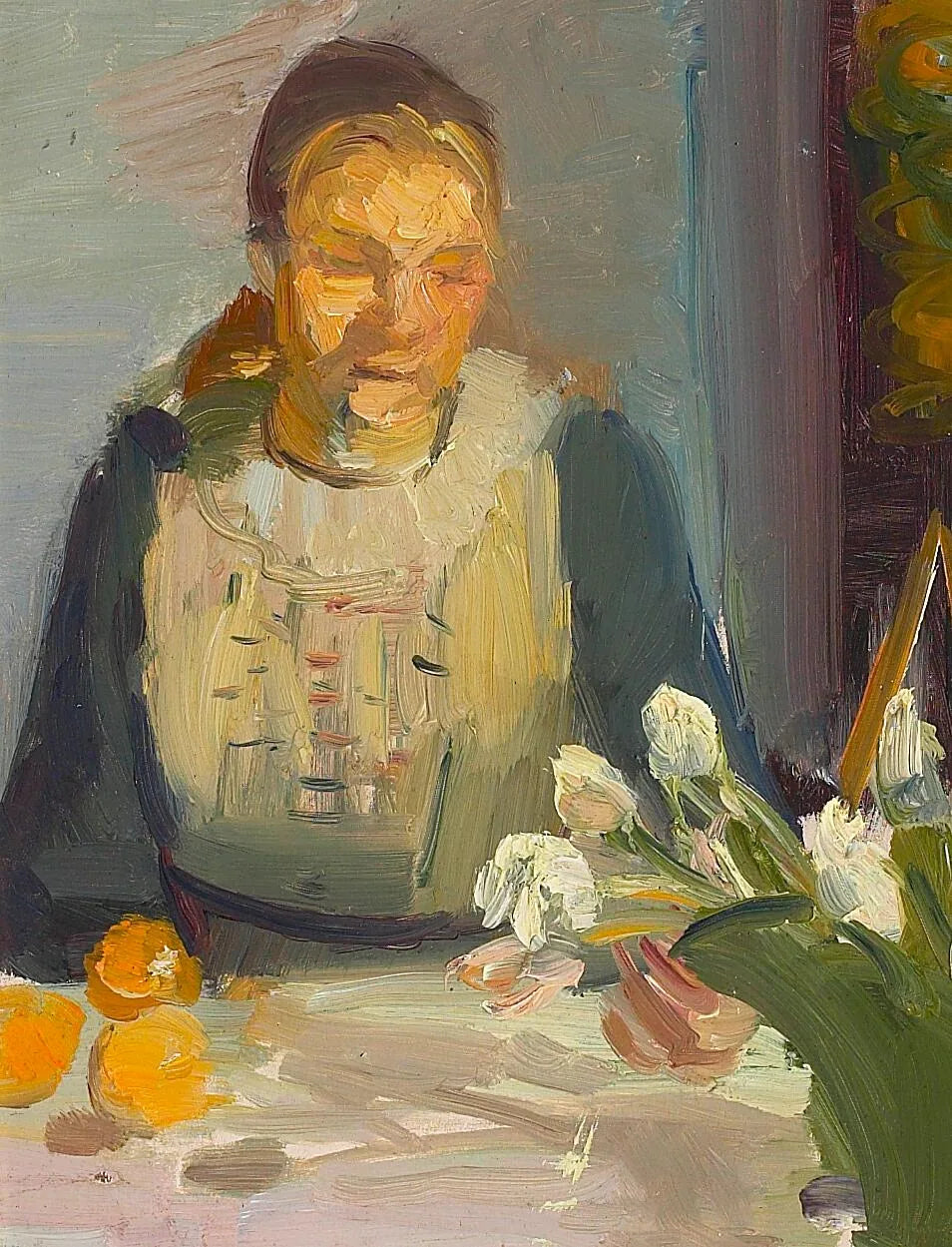 Portrait de Maren Brems assise à une table ensoleillée avec des tulipes blanches et roses dans un vase vert. - Anna Ancher image 1 reproduction d’œuvre d’art à l’huile