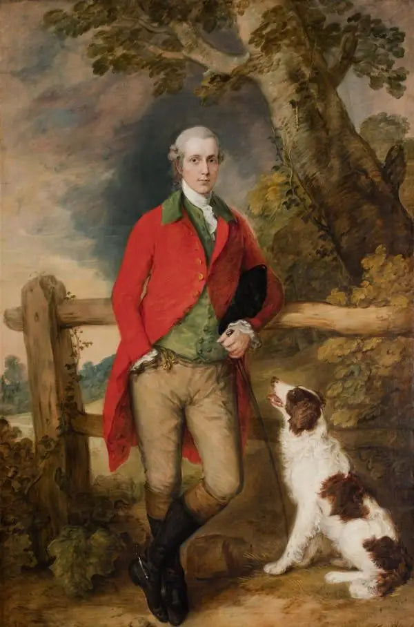 Ritratto di Robert Thistlethwayte di Norman Court, in piedi, vestito con un cappotto rosso, un gilet verde e una culotte chamois, che tiene una lattina, appoggiato a una staccionata, un epagneul accanto a lui - Thomas Gainsborough