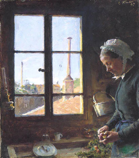 Portrait de sa mère épluchant une navette, devant une fenêtre - Émile Friant