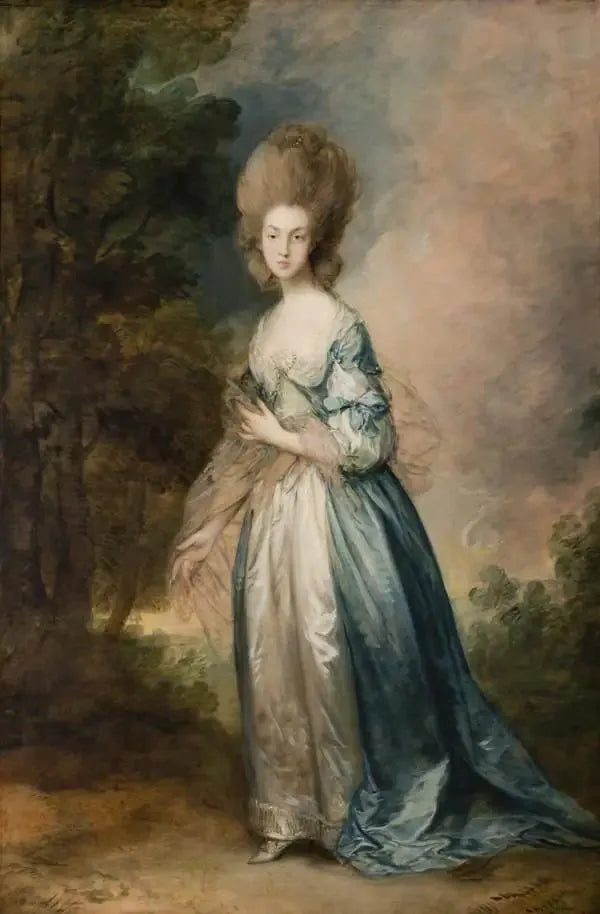Ritratto di Selina Thistlethwayte della corte normanna, in piedi con abito blu e bianco - Thomas Gainsborough