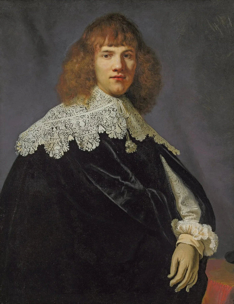 Ritratto di un gentiluomo, a mezzo busto, vestito con un cappotto di velluto nero e un colletto e polsini in pizzo bianco - Rembrandt