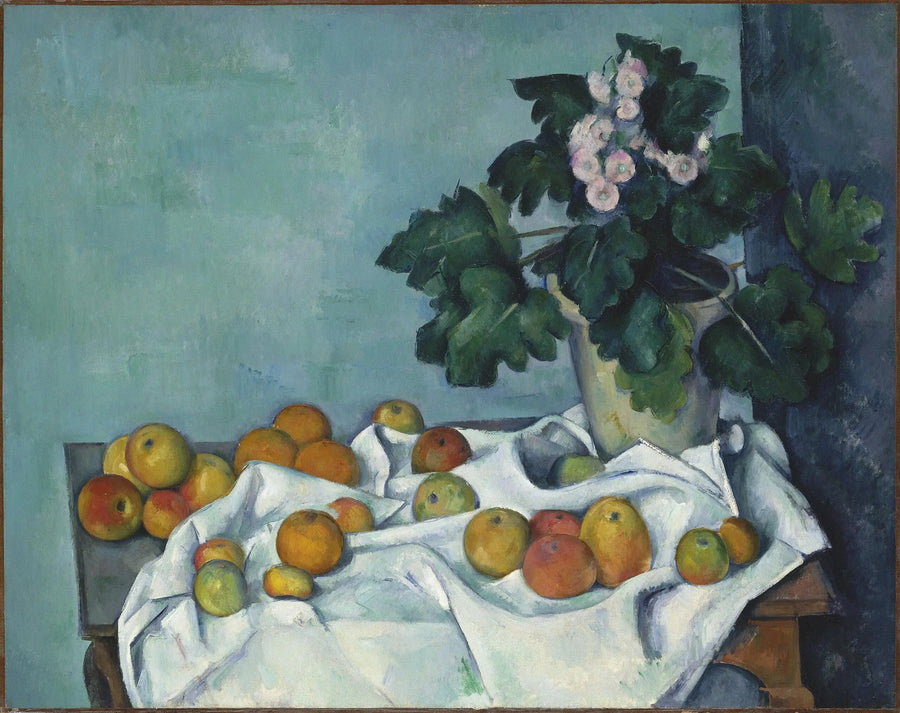 Vaso di primule e frutti su un tavolo - Paul Cézanne