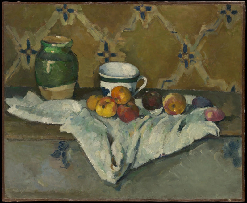 Ceramica, tazza e frutta su una tovaglia bianca - Paul Cézanne