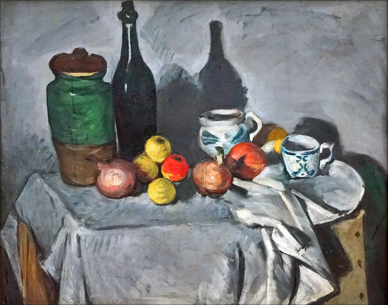 Vasi, bottiglia, tazza e frutta - Paul Cézanne
