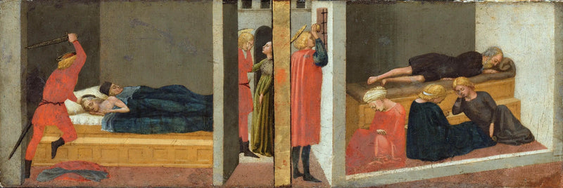 Predella d'altare ; Pannello di destra : L'omicidio del padre di san Giuliano - Il miracolo di san Nicola di Bari - Masaccio