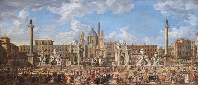 Preparazione dello spettacolo pirotecnico e della decorazione della festa tenuta in Piazza Navona, a Roma, il 30 novembre 1729, in occasione della nascita del Delfino - Giovanni Paolo Panini
