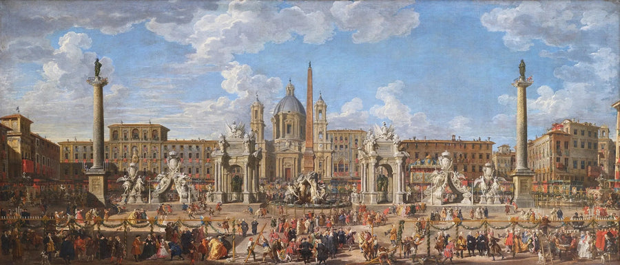 Preparazione dello spettacolo pirotecnico e della decorazione della festa tenuta in Piazza Navona, a Roma, il 30 novembre 1729, in occasione della nascita del Delfino - Giovanni Paolo Panini