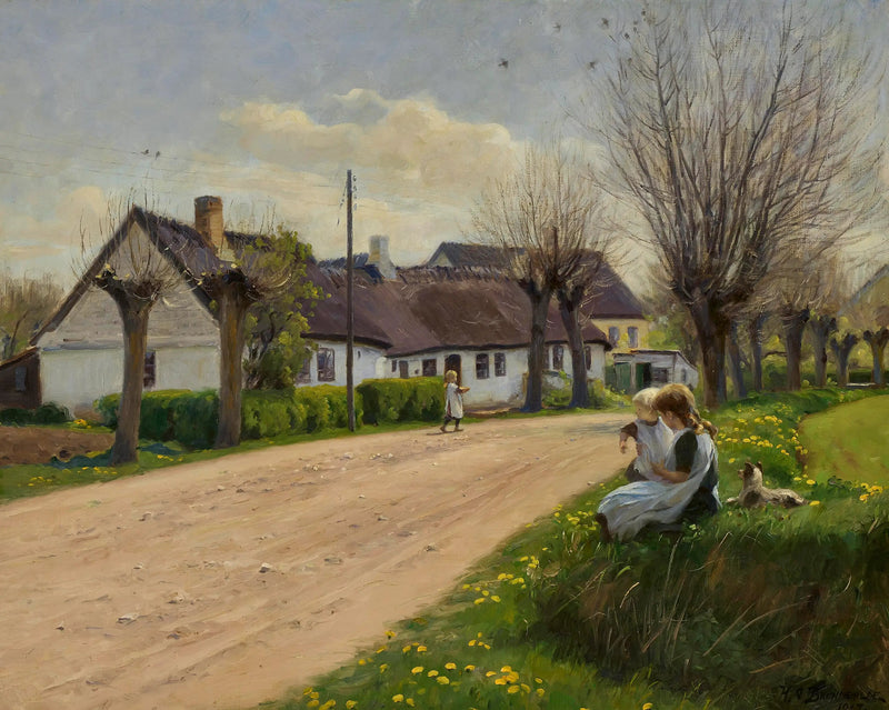 Primavera in un villaggio con ragazze ai bordi della strada. - H. A. Brendekilde