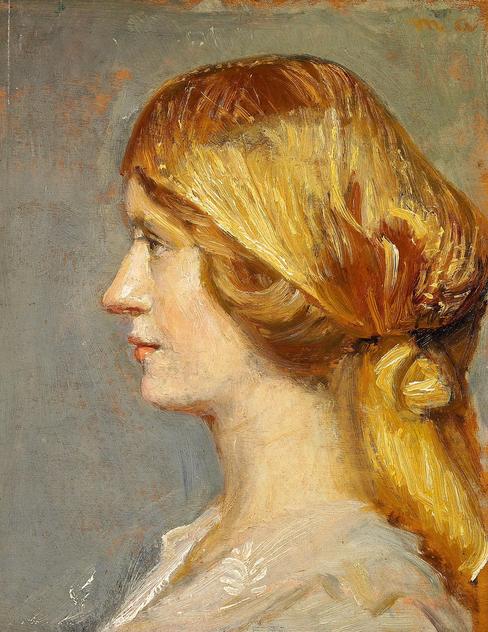 Profil d'une jeune femme portant un foulard jaune. - Michael Peter Ancher image 1 copie peinte à la main à l’huile