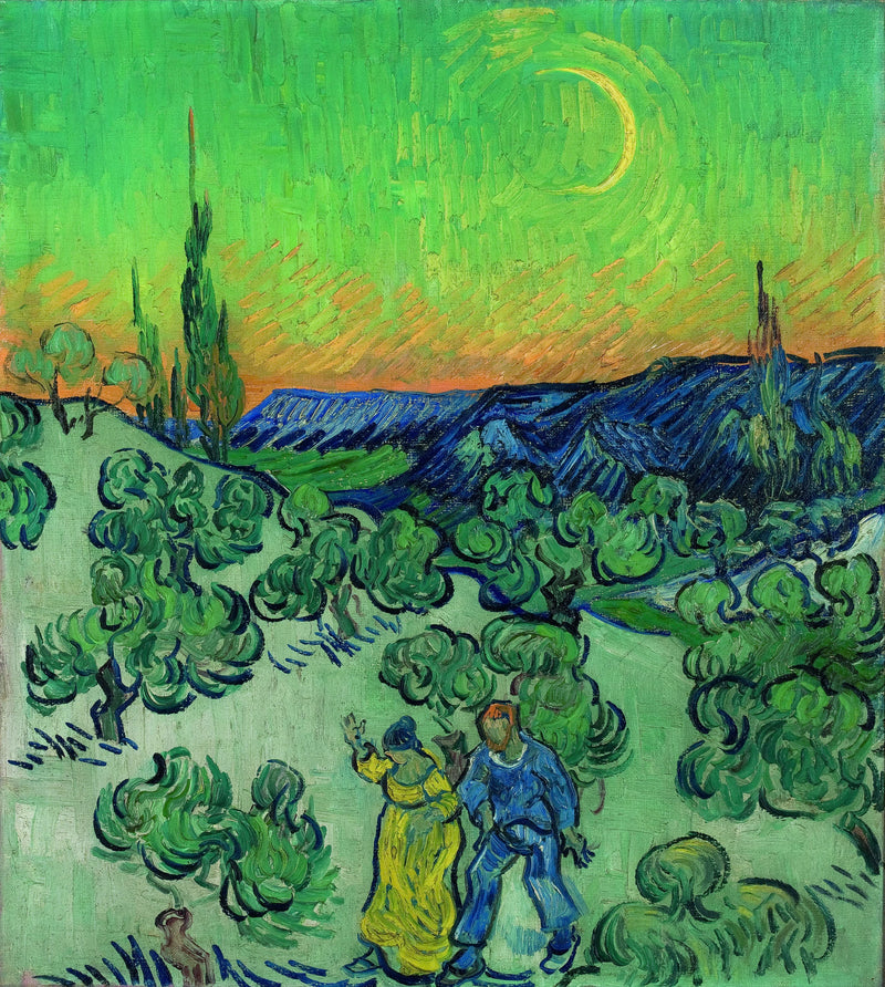 Paesaggio con una coppia che cammina e un crescente di luna - Vincent van Gogh