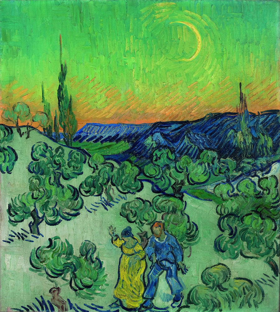 Paesaggio con una coppia che cammina e un crescente di luna - Vincent van Gogh