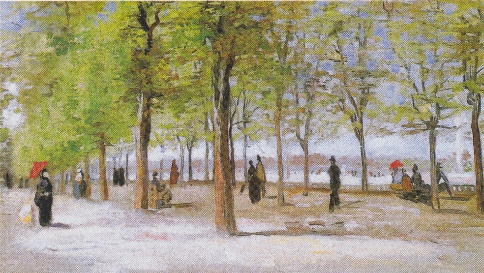 Promeneurs au jardin du Luxembourg F223 — allée arborée, bancs et femmes aux ombrelles rouges peints par Vincent van Gogh