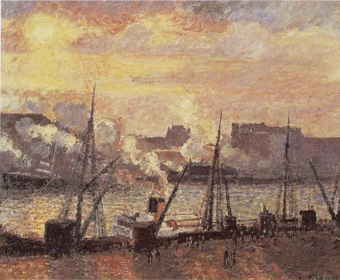Quai de la Bourse a Rouen, sole al tramonto - Camille Pissarro