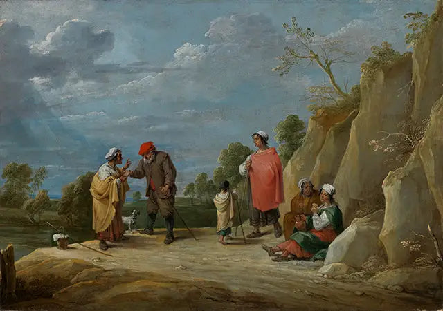 Quattro zingari con un bambino, uno di loro che predice il buon auspicio a un contadino - David Teniers il Giovane