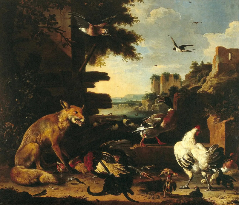 Renard con gallo e pollame morti in un paesaggio di parco - Melchior de Hondecoeter