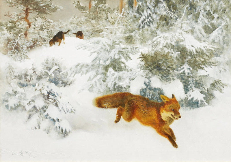 Volpe in un paesaggio invernale con cani da caccia - Bruno Liljefors