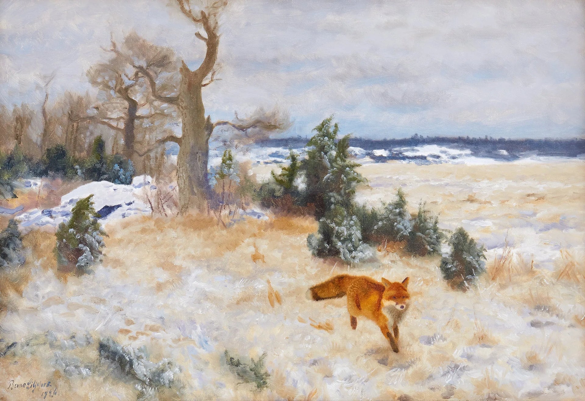 Renard dans un paysage hivernal - Bruno Liljefors image 1 reproduction de peinture à l’huile