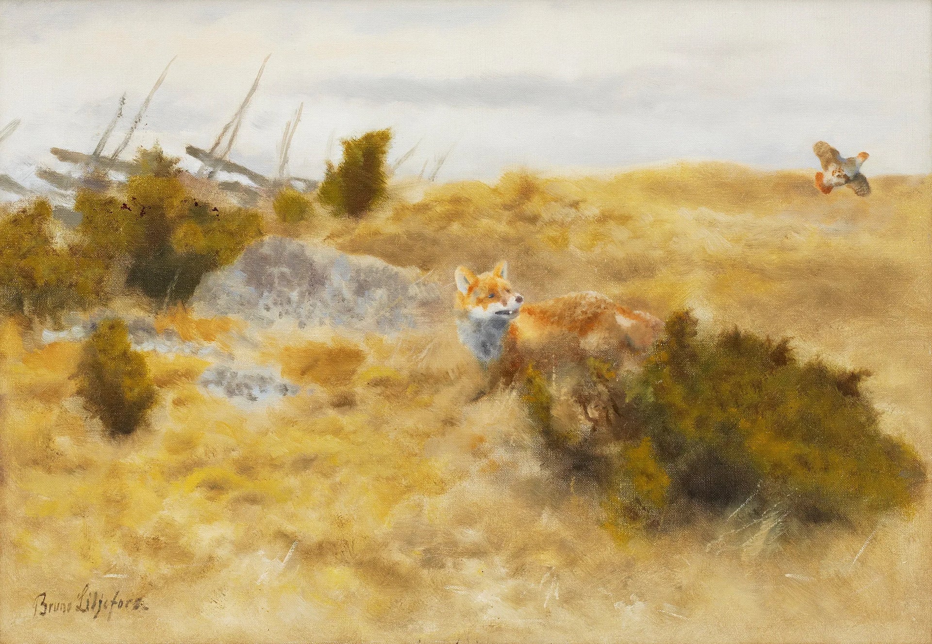 Renard et perdrix grise - Bruno Liljefors image 1 reproduction de peinture à l’huile