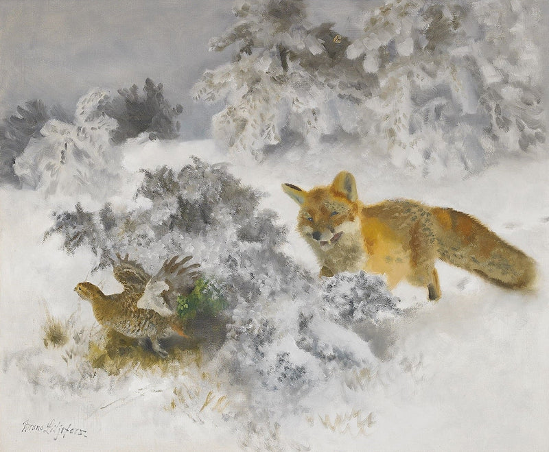 Volpe e fagiano di monte in un paesaggio invernale - Bruno Liljefors