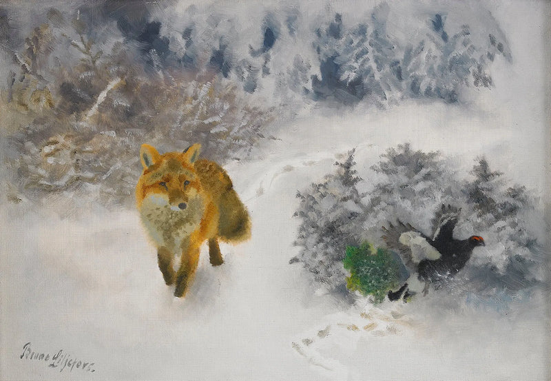 Volpi e galli forcelli maschi in un paesaggio invernale - Bruno Liljefors