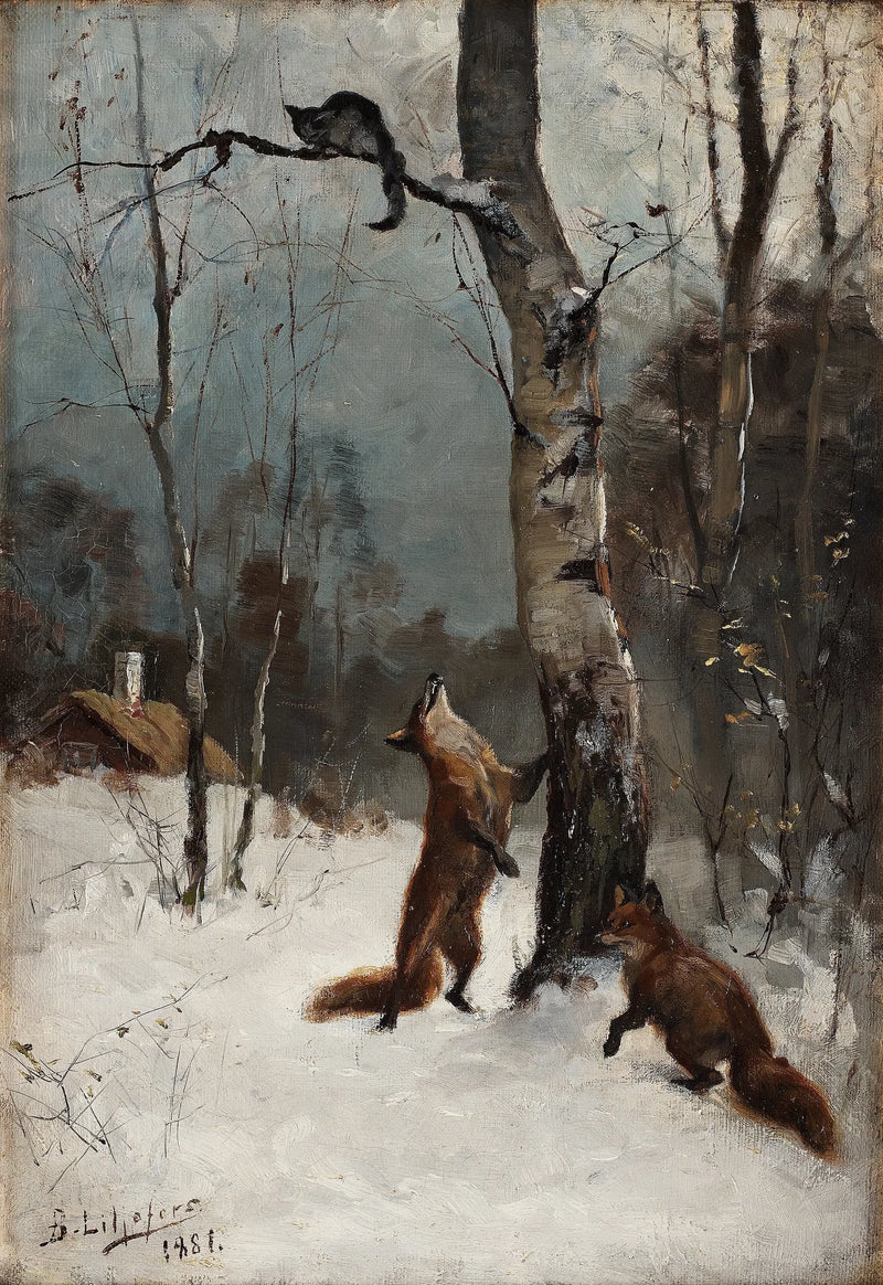 Volpi e gatto, paesaggio invernale - Bruno Liljefors