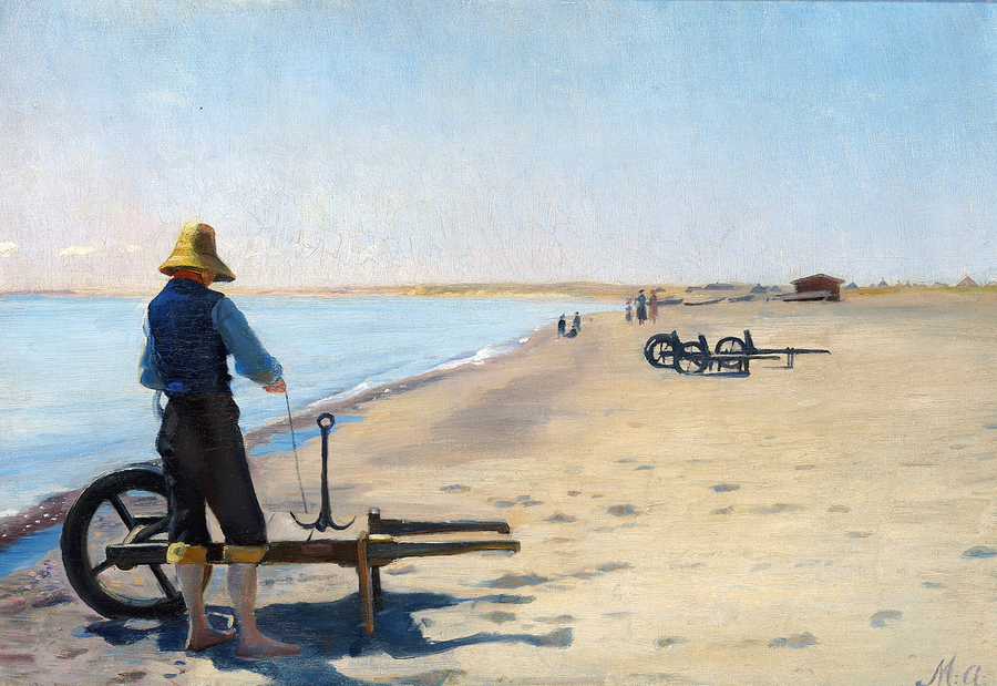Riparazione dell'ancora in una giornata estiva sulla spiaggia di Skagen, Danimarca. - Michael Peter Ancher