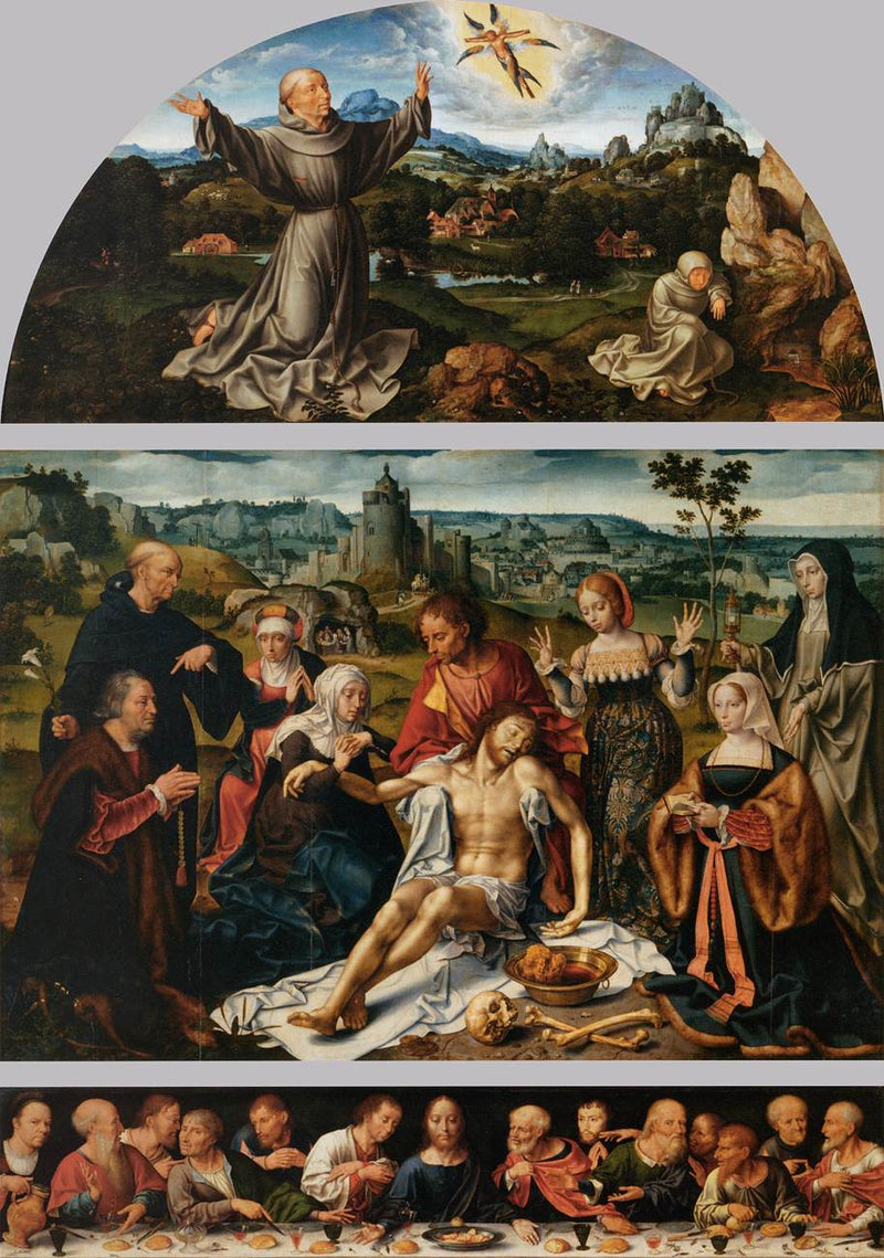 Retablo della Depressione di Cristo: la Depressione di Cristo (pannello centrale); La Stigmatizzazione di san Francesco (lunetta); L'Ultima Cena (predella) - Joos van Cleve