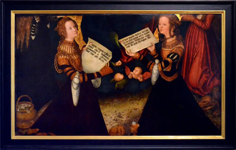 Retablo di Praga [pannello centrale, frammento] : Santa Caterina e Santa Barbara con frammenti delle figure di Santa Dorotea e Santa Margareta - Lucas Cranach il Vecchio
